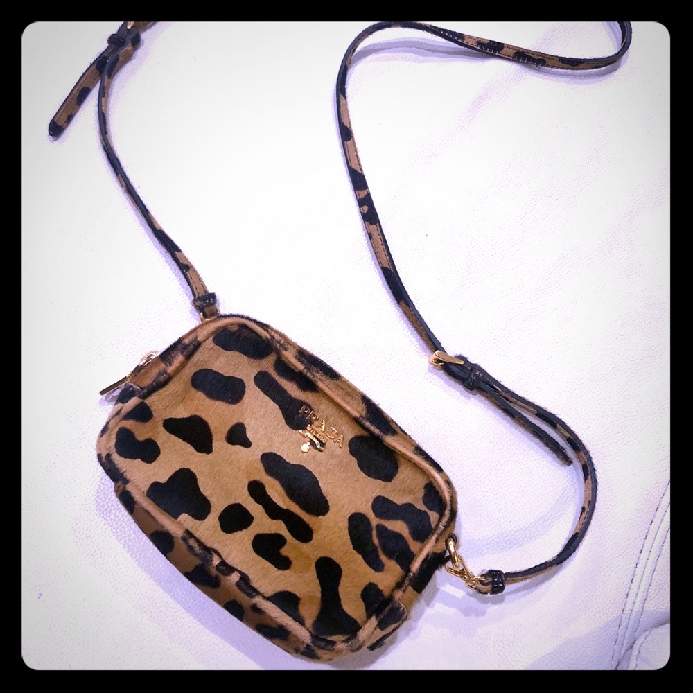 PRADA Mini Leopard Print Calf Hair Cross Body Bag